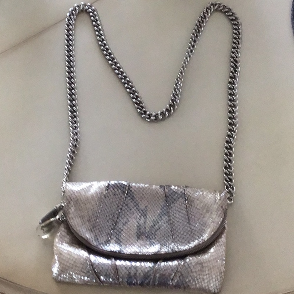 Metallic Silver Python-Effect Chain Crossbody Bag